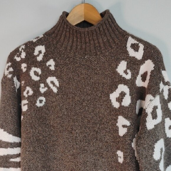 Nine West Brown and White Animal Print Turtleneck Knitted Sweater Size S Cozy - Picture 6 of 7